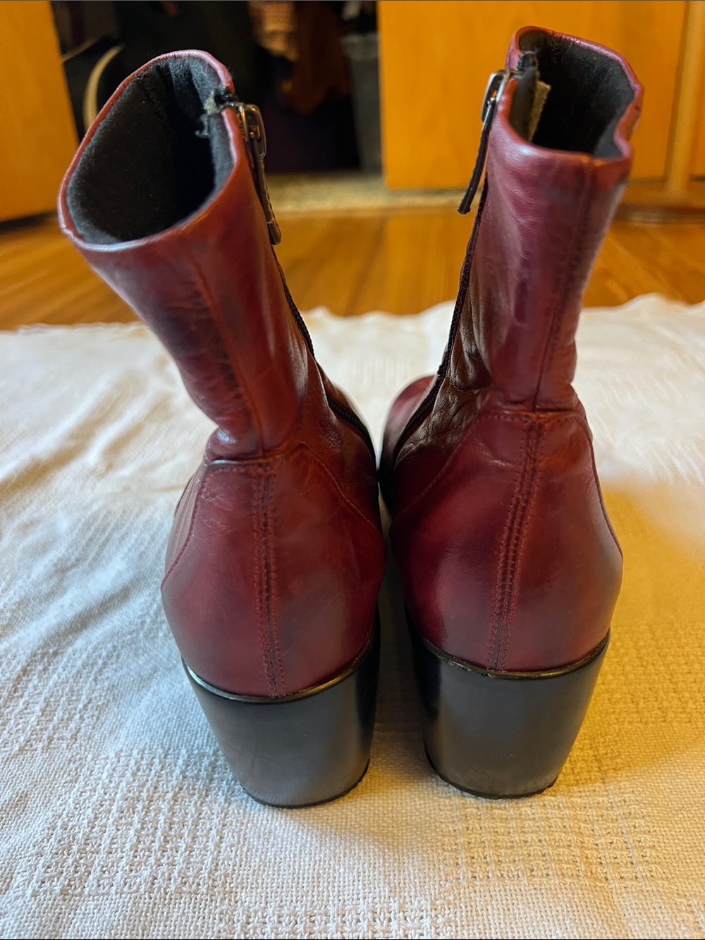 Maroon Leather Wedge Ankle Boots with Side Zippers - Picture 6 of 11